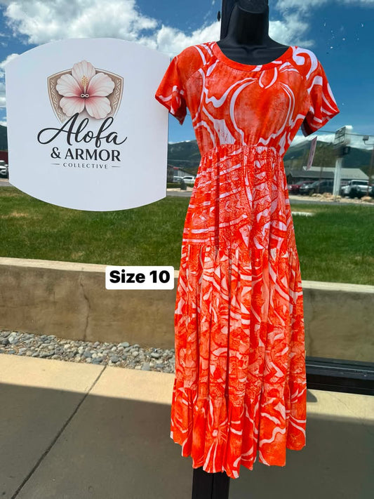 Size 10 - Island Bloom Tiered Maxi Dress – Neon Orange, Papaya & White Tribal Print