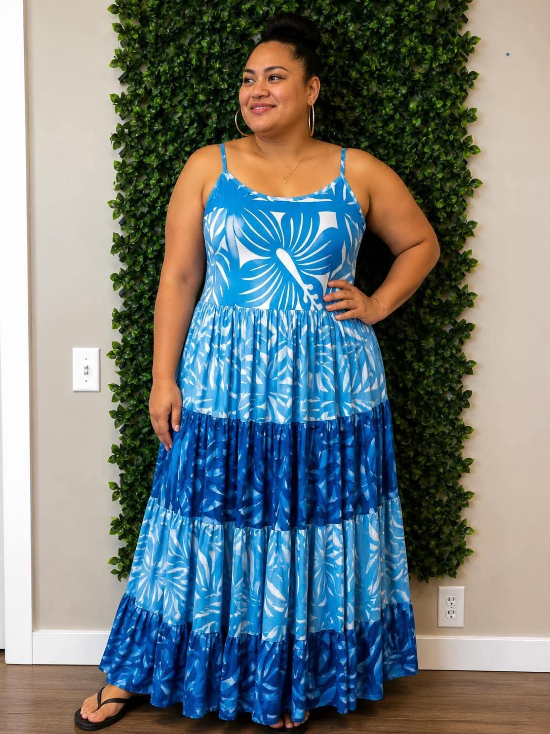 (Size 16) Island Breeze Layered Dress: Ocean Blue, Royal Blue & White Layered Tropical Print