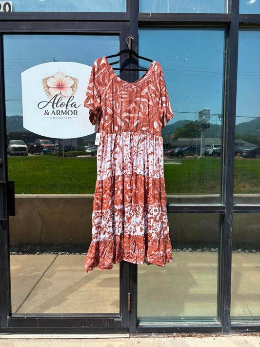 (Size 22) Island Bloom Tiered Maxi Dress – Terracotta & White Palm Tribal Print