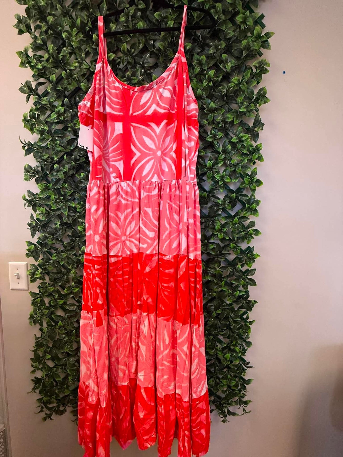(Size 24) Island Breeze Layered Dress: Pink, Bright Red & White Layered Tropical Print