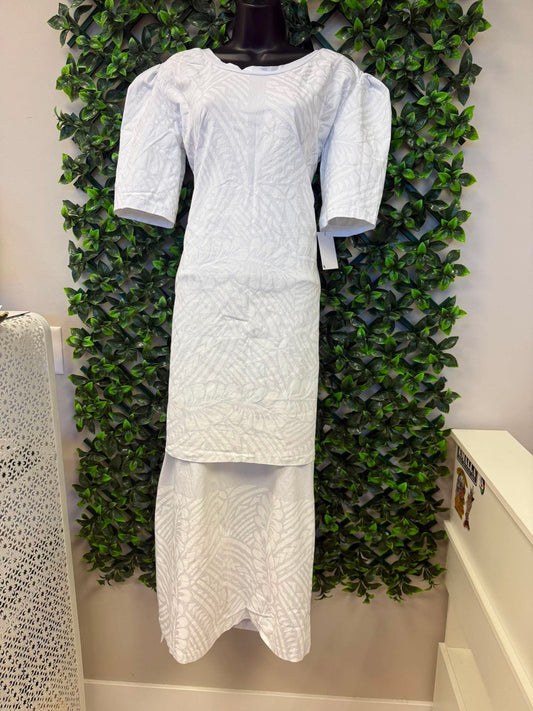(Size 14) Pure Alofa White Puletasi Two-Piece Set: Scoop Neck Tunic & Maxi Skirt with Structured Puff Sleeves