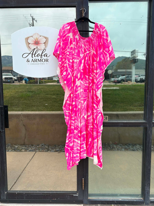 Galu Alofa Luxurious Gathered Kaftan Maxi Dress – Hot Pink & White (24/26)