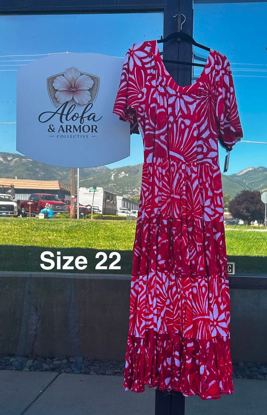 (Size 22) Lanu o le Alofa Dress: Red, White & Coral Tiered Tropical Print